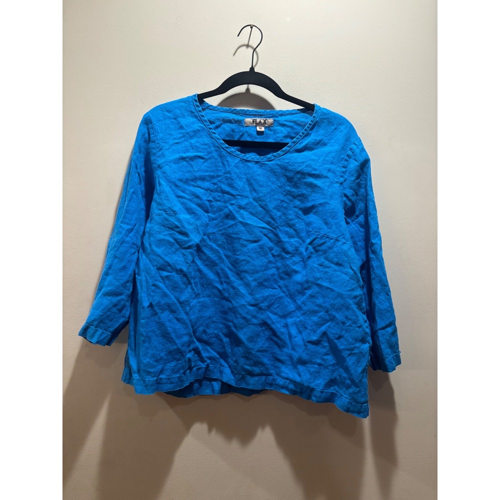 Flax Womens 100% Linen Scoop Neck 3/4 Sleeve Button Cuff Top Blue Medium M